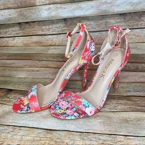 Never Worn Coral floral heels 7.5